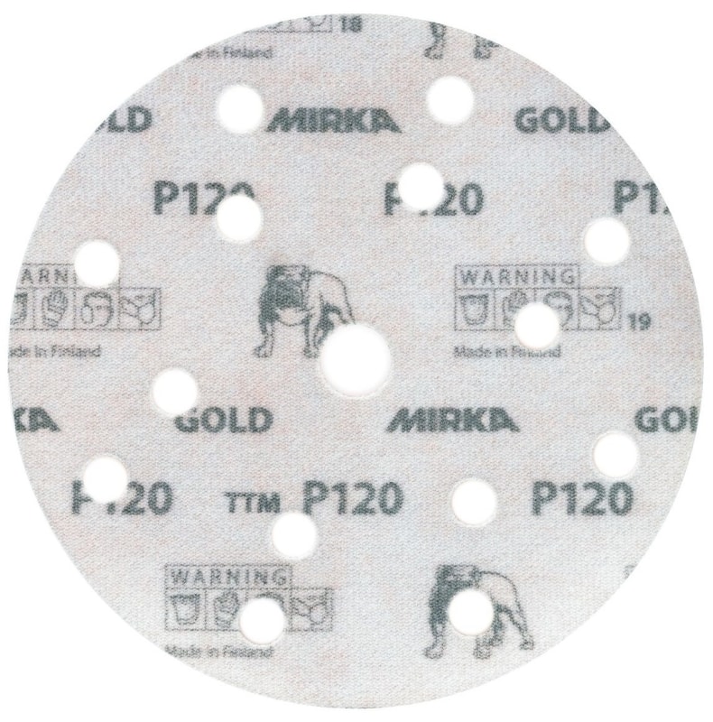 Preview: Mirka® Gold 23611F1040, Ø 150 mm, P40, 15-fach gelocht, Kletthaftend, Schleifscheibe mit Aluminiumkorn