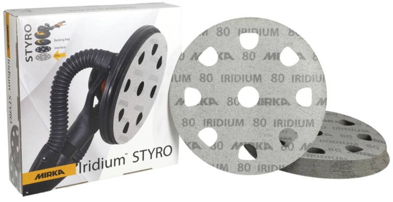 Preview: Mirka® Iridium® STYRO Schleifscheiben 246CU02560, Ø 225 mm, P60, 9-fach Gelocht, Kletthaftend, Schleifscheibe mit Keramik- und Aluminiumkorn für den Styropor Schliff
