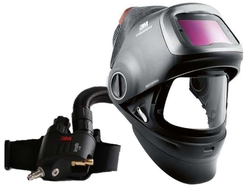 Preview: 3M™ Speedglas™ Schweißmaske G5-01 mit Schweißfilter G5-01/03NC und Versaflo™ V-500E Drucklufteinheit, 618811, inkl. QRS-Luftschlauch und Tasche, TH3, 4A/3B, Kopfband + Textilkopfschutz; Teile: [611100 + 630010 + 834016 + 790105 + V500E]