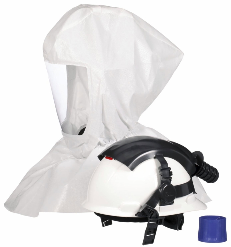 Preview: 3M™ Versaflo™ Kombi Haube mit Helm S-665, Haube (PP), Visier (PETG), TH3, Weiß, Premium Mehrweg-Leichthaube S-605 + G3000 Helm mit Adapter, Starterpaket inkl. Kopfhalterung & textiler Halsabdichtung