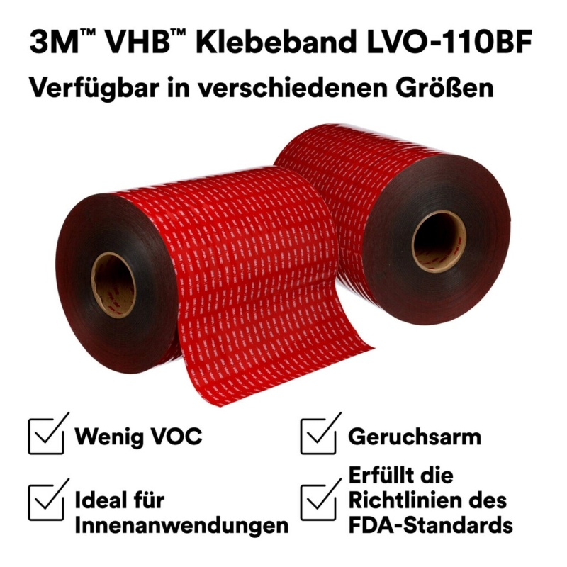 Preview: 3M™ VHB™ LVO-160BF Doppelseitiges Klebeband LVO-160/19/33, 19 mm x 33 m, 1,6 mm, Schwarz, Folien Abdeckung, Geringe VOC Werte, Für KFZ Bau und Haushaltselektronik