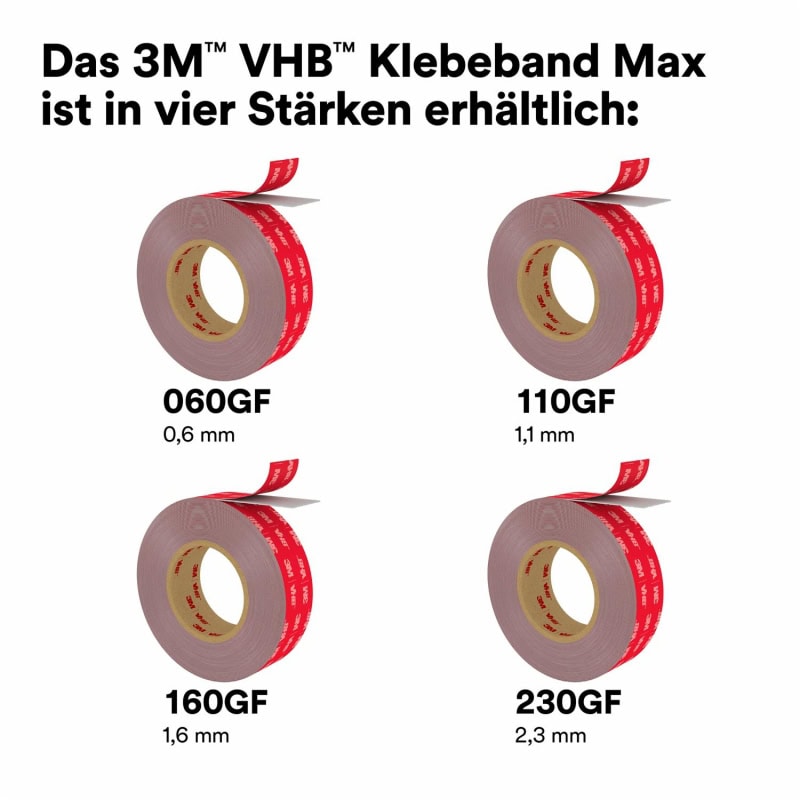 Preview: 3M™ VHB™ MAX-160GF Doppelseitiges Klebeband MAX-160/1150/33, 1150 mm x 33 m, 1,6 mm, Grau, Folien Abdeckung, Für Seitenpaneele, Halterungen und Verkleidungen in Fahrzeugen, Geräten, Bau- und HVAC-Anwendungen