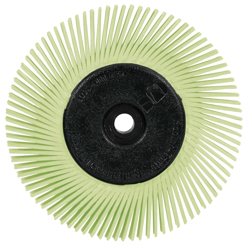 Preview: 3M™ Scotch-Brite™ Präzisions Radialborstenbürste PN-RB 7100374836, Ø 150 mm x ø 12 mm, Breite: 25 mm 50+, Typ A (Schräge Borsten), Mit Adapter, Grün, 6.000 U./Min., Für Reinigungs- und Entgratungsarbeiten