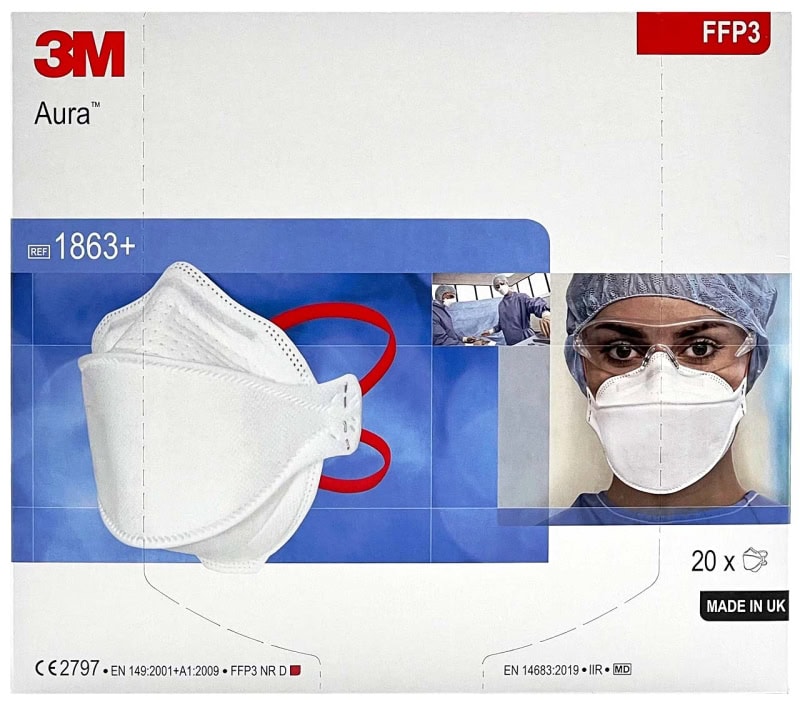 Preview: 3M™ Aura™ Medizinische Atemschutzmaske 1863+, FFP3 NR D, FFP3 NR D, Chirurgische Maske nach EN14683, Medizinvariante, Hygienisch einzelverpackt