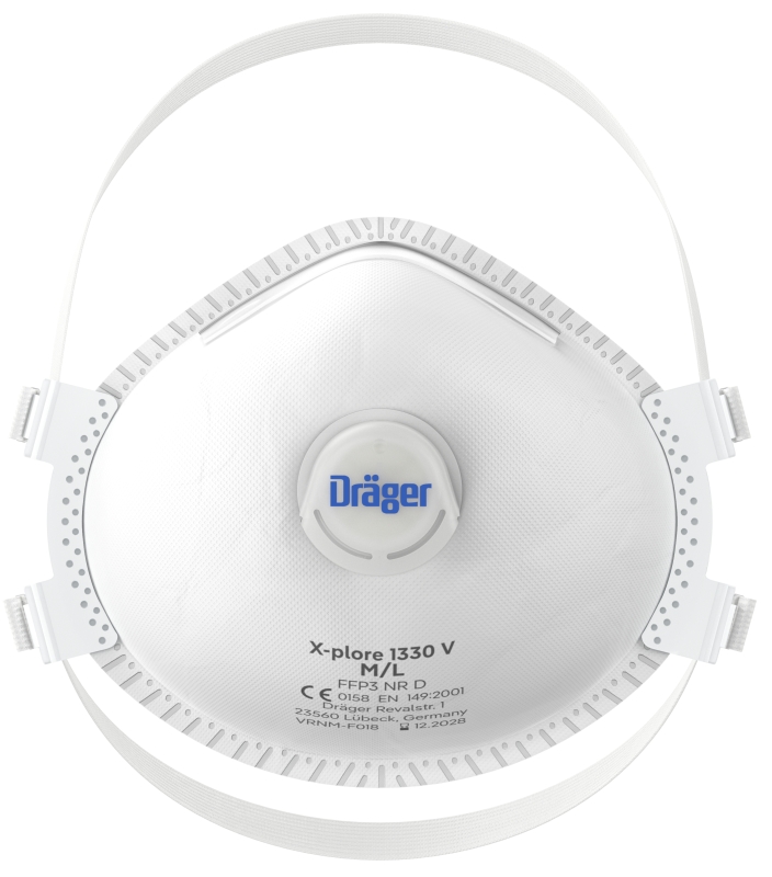 Preview: Dräger® X-plore® Vorgeformte Atemschutzmaske / Partikelmaske 1330 V FFP3 NR D 3951216, Größe M / L, Hygienisch einzelverpackt, VarioFlex™ Kopfband, Mit Ausatemventil, Schützt effektiv gegen Feinstäube und Partikel