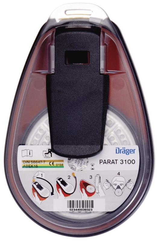 Preview: Dräger® PARAT® 3100 Flucht Gasmaske / Halbmaske 3704476, ABEK15 Filter für mind. 15 Min. Schutz, Filter uneingeschweißt, Universalgröße, Fluchtmaske zum Schutz gegen organische, anorganische, saure Gase & Dämpfe, Ammoniak & org. Ammoniakderivate
