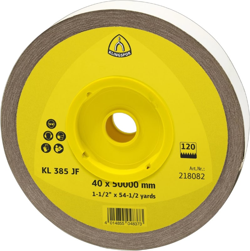 Preview: KLINGSPOR KL 385 JF Schleifrolle 218196, 25 mm x 50 m, P60, A, Ohne Haftung, Aluminiumkorn, Für Metall Universal und NE-Metalle