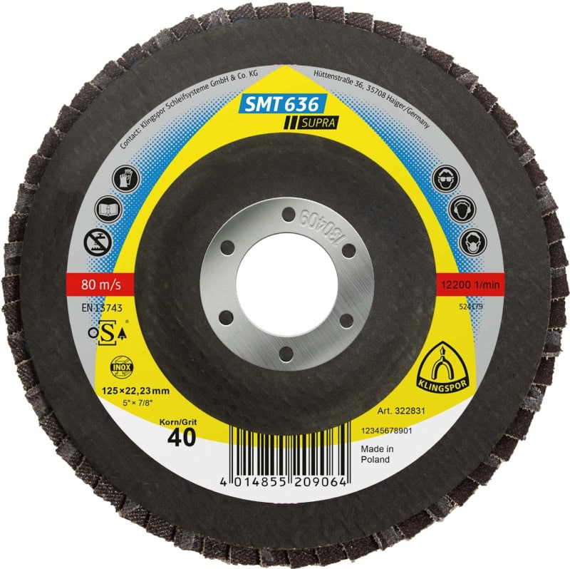 Preview: KLINGSPOR SMT 636 Supra Schleifmopteller 322833, Ø 125 x 22 mm, P80, Z, 12.200 U./Min., Gewölbt, Zirkonkorund mit Multibindung, Für Edelstahl