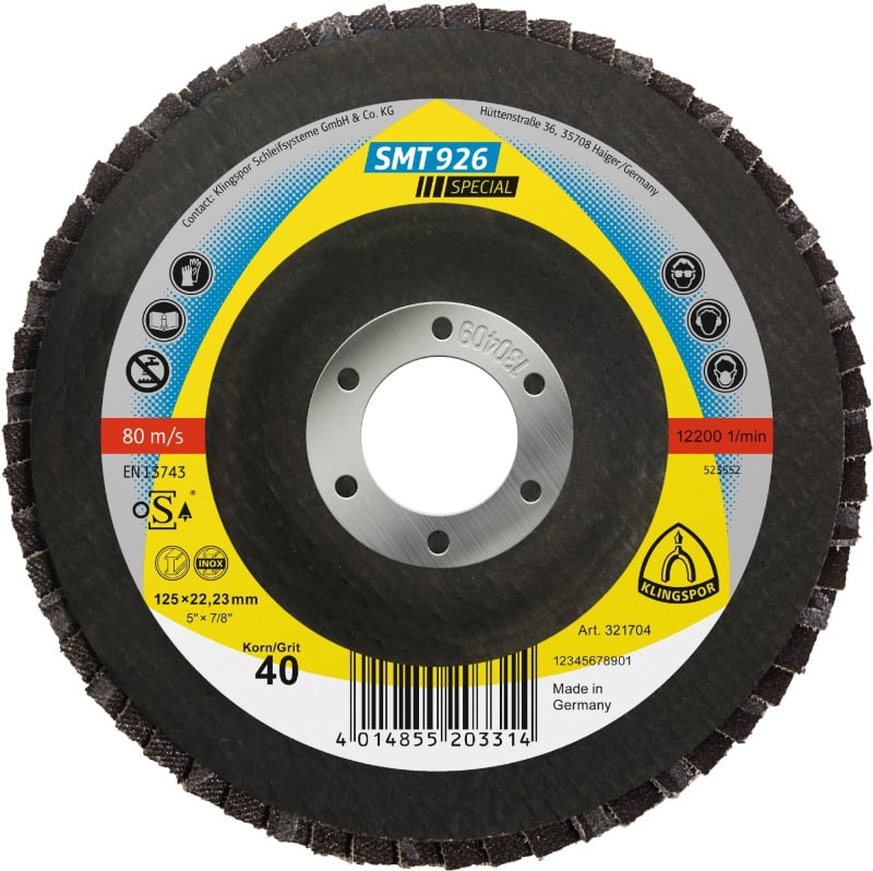 Preview: KLINGSPOR SMT 926 Special Schleifmopteller 321706, Ø 115 mm x 22 mm, P60, Z, 13.300 U./Min., Gewölbt, Zirkonkorund, Für Edelstahl und Stahl