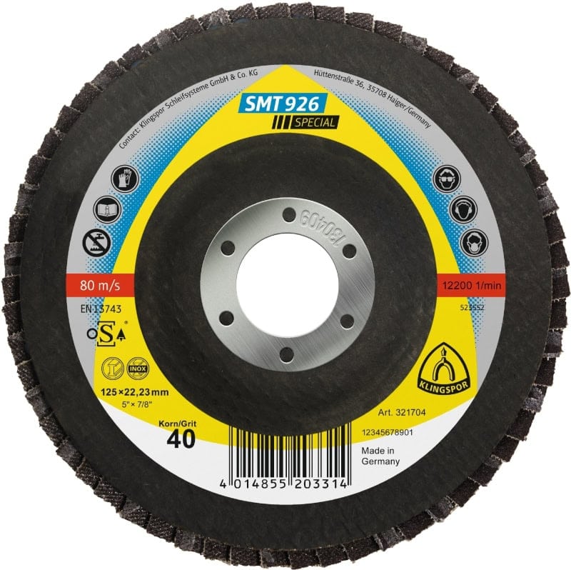 Preview: KLINGSPOR SMT 926 Special Schleifmopteller 321705, Ø 180 mm x 22 mm, P40, Z, 8.500 U./Min., Gewölbt, Zirkonkorund, Für Edelstahl und Stahl