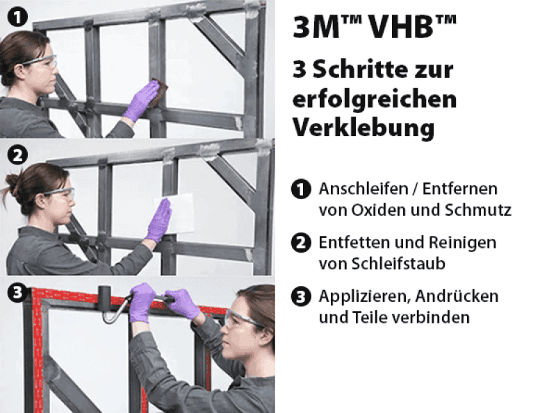 Preview: 3M™ VHB™ GPH-110GF/TEST, Hohe Temperaturen VHB™ Klebeband Starter Set - Rollenmaß: 19 mm x 3 m, 1,1 mm, Grau - Teile: [1x GPH-110F19-3, 1x 7447ST, 3x VHBTUCHST, 1x RAK-GOLD, 1x VHBANL, 1x SEYKL]