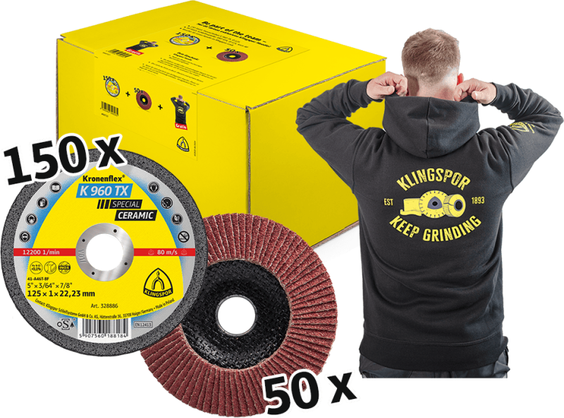 Preview: KLINGSPOR Kronenflex® Aktionspaket "Top Performer Keramik", 150x [125 mm, K 960 TX SPECIAL] & 50x [125 mm, P40, SMT 974 SPECIAL CEVOLUTION]