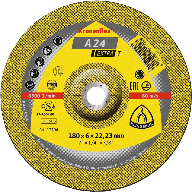 Preview: KLINGSPOR Kronenflex® A 24 Extra T Schruppscheibe 13445, Ø 180 mm x 8 mm x 22 mm, P36, A, 8.500 U./Min., Typ 27 Gekröpft, Aluminiumkorn, Für Stahl, Edelstahl, Guss & universal Metallanwendungen