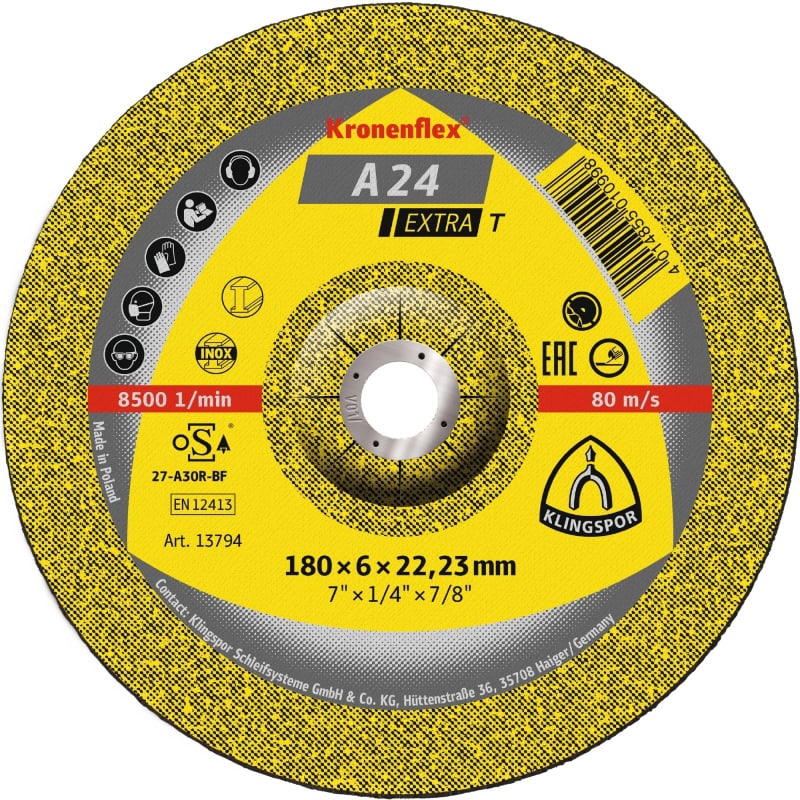 Preview: KLINGSPOR Kronenflex® A 24 Extra Trennscheibe 13490, Ø 180 mm x 3 mm x 22 mm, P36, A, 8.500 U./Min., Typ 27 Gekröpft, Aluminiumkorn, Für Metalluniversal