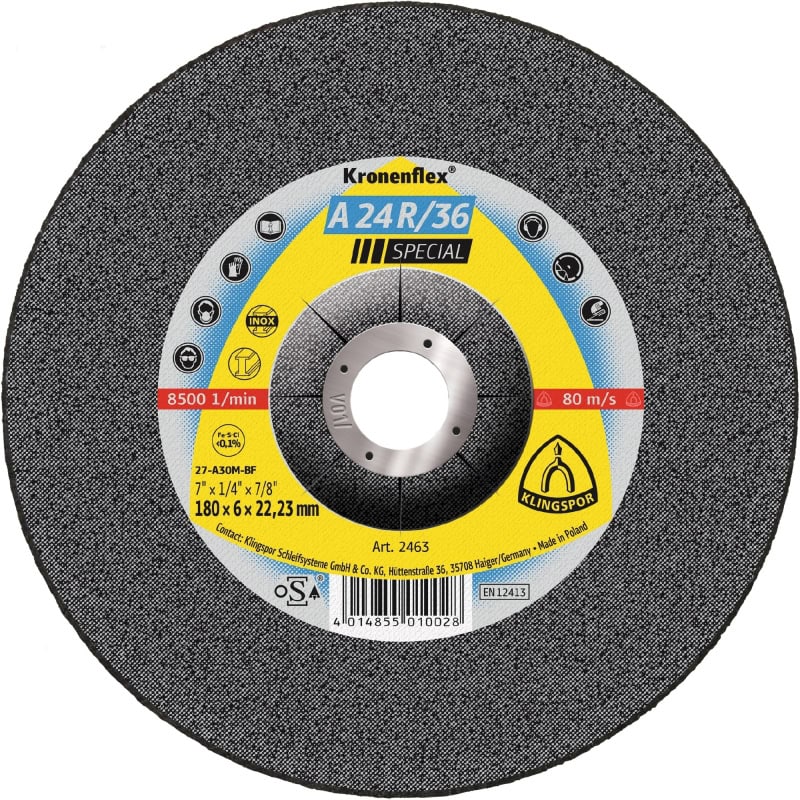 Preview: KLINGSPOR Kronenflex® A 24 R/36 Special Trennscheibe 60537, Ø 180 mm x 3 mm x 22 mm, P36, A, 8.500 U./Min., Typ 27 Gekröpft, Aluminiumkorn, Für Edelstahl