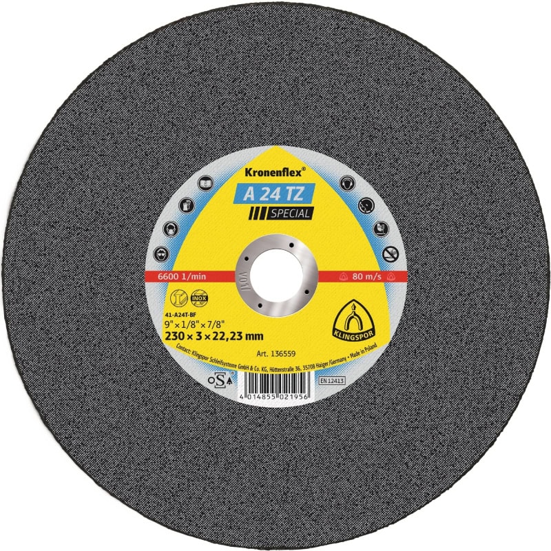 Preview: KLINGSPOR Kronenflex® A 24 TZ Special Trennscheibe 136558, Ø 180 mm x 3 mm x 22 mm, P36, A, 8.500 U./Min., Typ 41 Gerade, Aluminiumkorn, Für Stahl und Edelstahl