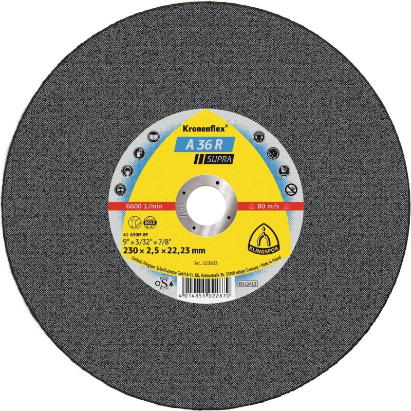 Preview: KLINGSPOR Kronenflex® A 36 R Supra Trennscheibe 123833, Ø 230 mm x 2,5 mm x 22 mm, P36, A, 6.600 U./Min., Typ 41 Gerade, Aluminiumkorn, Für Edelstahl
