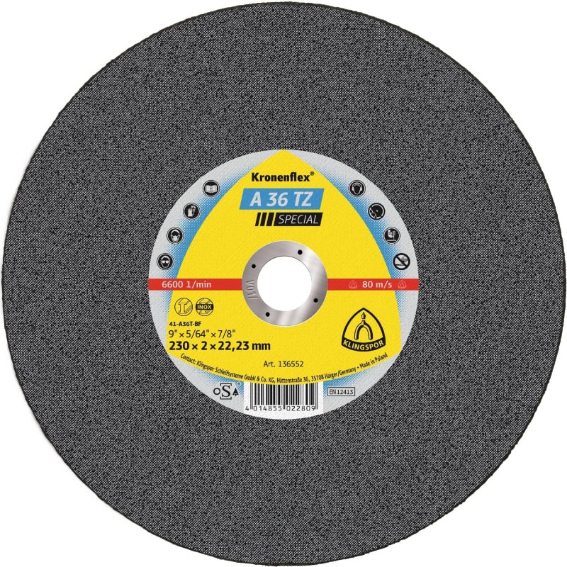 Preview: KLINGSPOR Kronenflex® A 36 TZ Special Trennscheibe 136550, Ø 125 mm x 2 mm x 22 mm, P36, A, 12.200 U./Min., Typ 41 Gerade, Aluminiumkorn, Für Stahl und Edelstahl