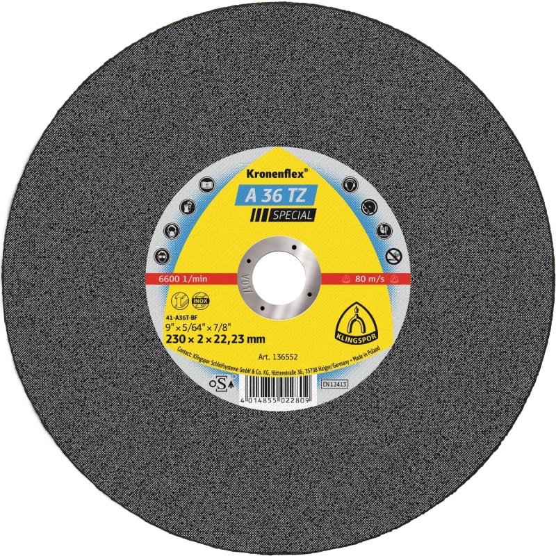 Preview: KLINGSPOR Kronenflex® A 36 TZ Special Trennscheibe 136550, Ø 230 mm x 2 mm x 22 mm, P36, A, 6.260 U./Min., Typ 41 Gerade, Aluminiumkorn, Für Stahl und Edelstahl