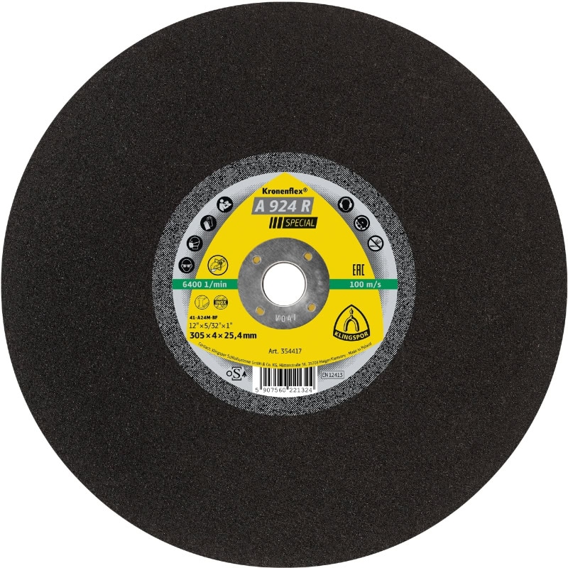 Preview: KLINGSPOR Kronenflex® A 924 R SPECIAL Trennscheibe 354419, Ø 305 mm x 4 mm x 20 mm, P36, A, 6.400 U./Min., Typ 41 Gerade, Aluminiumkorn, Für Stahl und Edelstahl