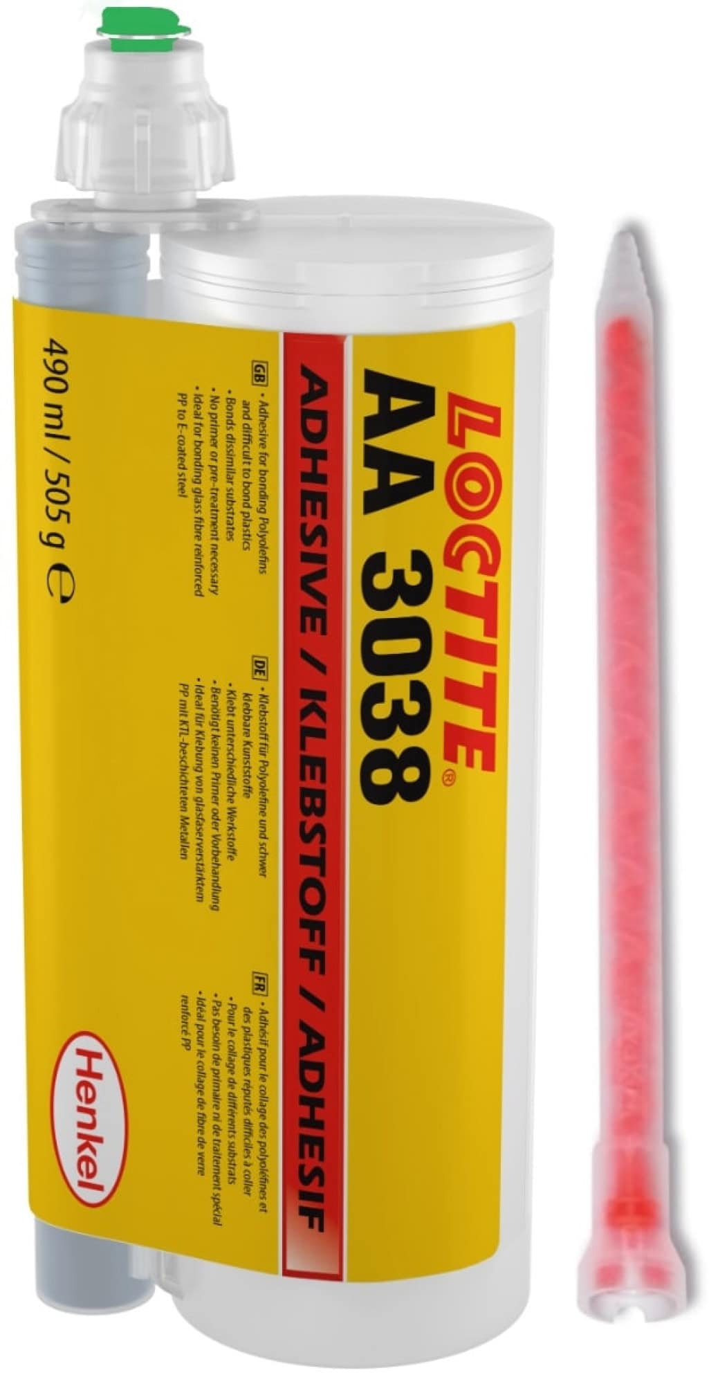 Henkel™ Loctite® Acrylat Klebstoff AA 3038, 490 ml, Gelb, Mittel, 2K, 10:1, 1070182, Polyolefinkleber