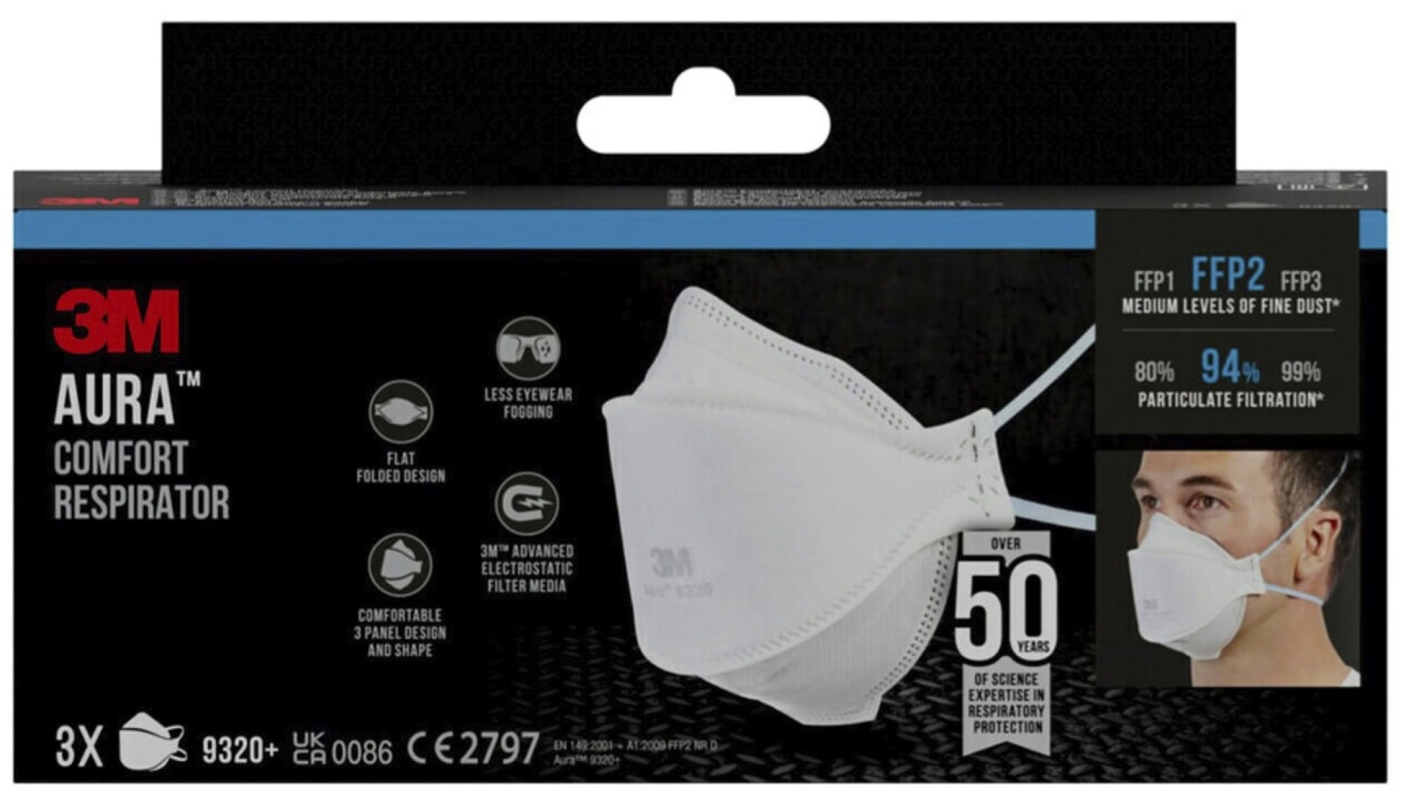 3M™ Aura™ Atemschutzmaske 9320-3 FFP2 NR D, Einzelhandelsvariante, Hygienisch einzelverpackt, 3 Stück pro Packung, Pandemiemaske