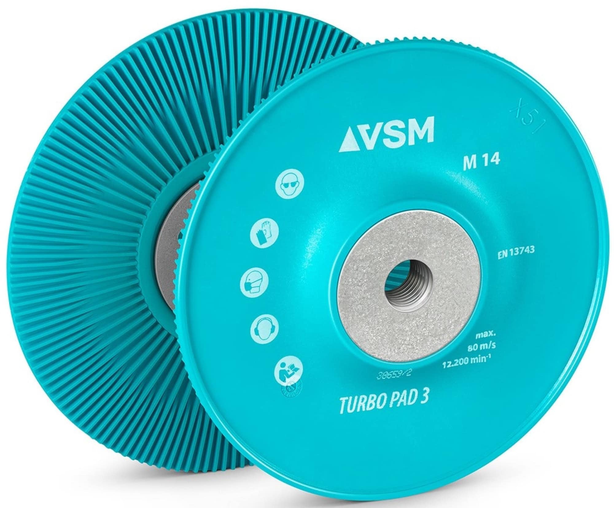 VSM TURBO PAD 3 776387, Ø 180 mm, M14 Gewinde, Blau, Extra Hart, Bombiert, Stützteller mit Kühlrippen für Fiberscheibenscheiben mit Ø 22 mm Zentrieransatz für den VSM Winkelschleifer
