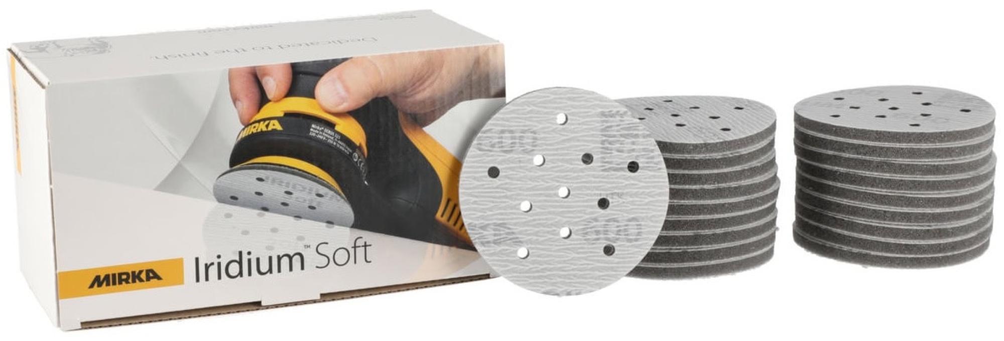 Preview: Mirka® Iridium® Soft Schleifscheibe 249JV02041, Ø 77 mm, Dicke: 5 mm, P400, A (Aluminiumkorn), Multilochung, Kletthaftend, Für Lackschliff & Grundierungsschliff