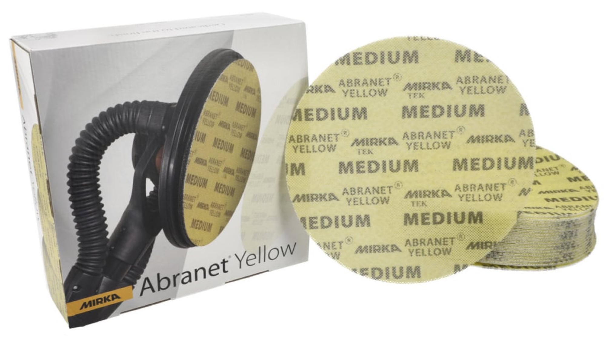 Preview: Mirka® Abranet Yellow AY22302080, Ø 225 mm, Grob, P80, Gitternetz, Kletthaftend, PA Gitternetz Schleifscheibe mit Aluminiumkorn