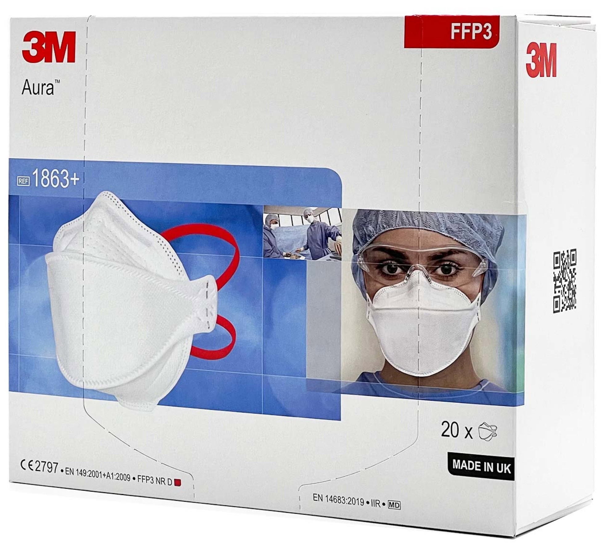 3M™ Aura™ Medizinische Atemschutzmaske 1863+, FFP3 NR D, FFP3 NR D, Chirurgische Maske nach EN14683, Medizinvariante, Hygienisch einzelverpackt