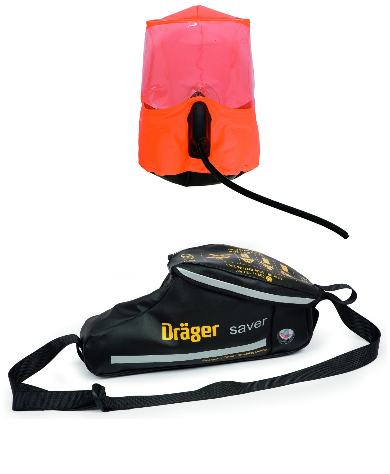 Dräger® Saver CF15 Druckluft Fluchtgerät 3359737, Haube, 15 Minuten Betriebszeit, 3 Liter (Stahl, 200 bar), Anti Statische (ESD) & wasserdichte Textil Tasche in Schwarz, Für die Flucht aus Gefahrenbereichen