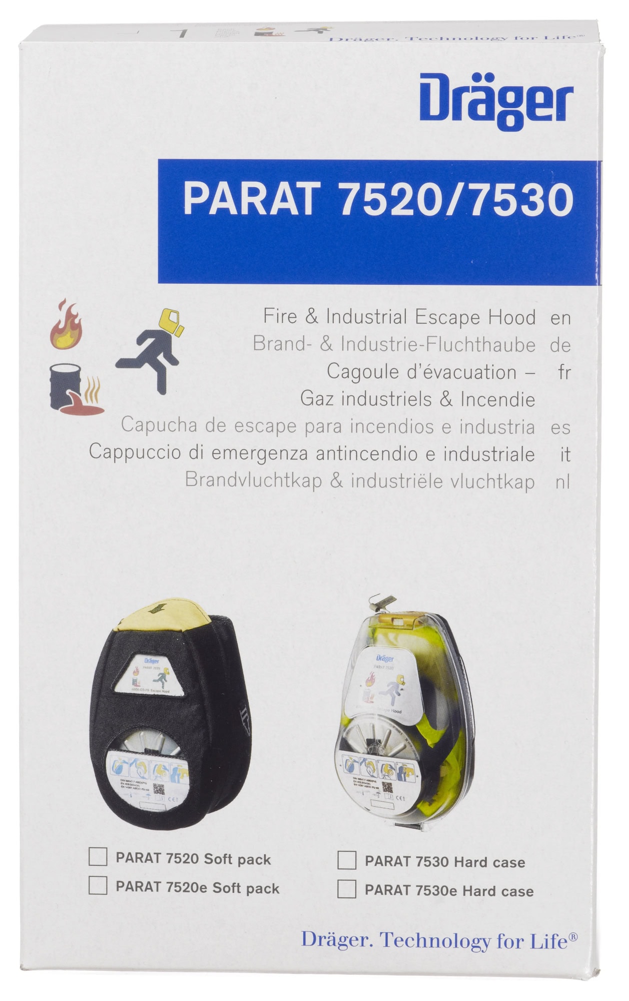 Dräger® PARAT® 7520 Industrie- & Brand Fluchthaube 3721329, ABEK15 CO P3 Kombi Filter für mind. 15 Min. Schutz, Soft Pack, Universalgröße, Kombi Fluchthaube zum Schutz gegen toxische Industriegase, Dämpfe, Brandgase und Partikel