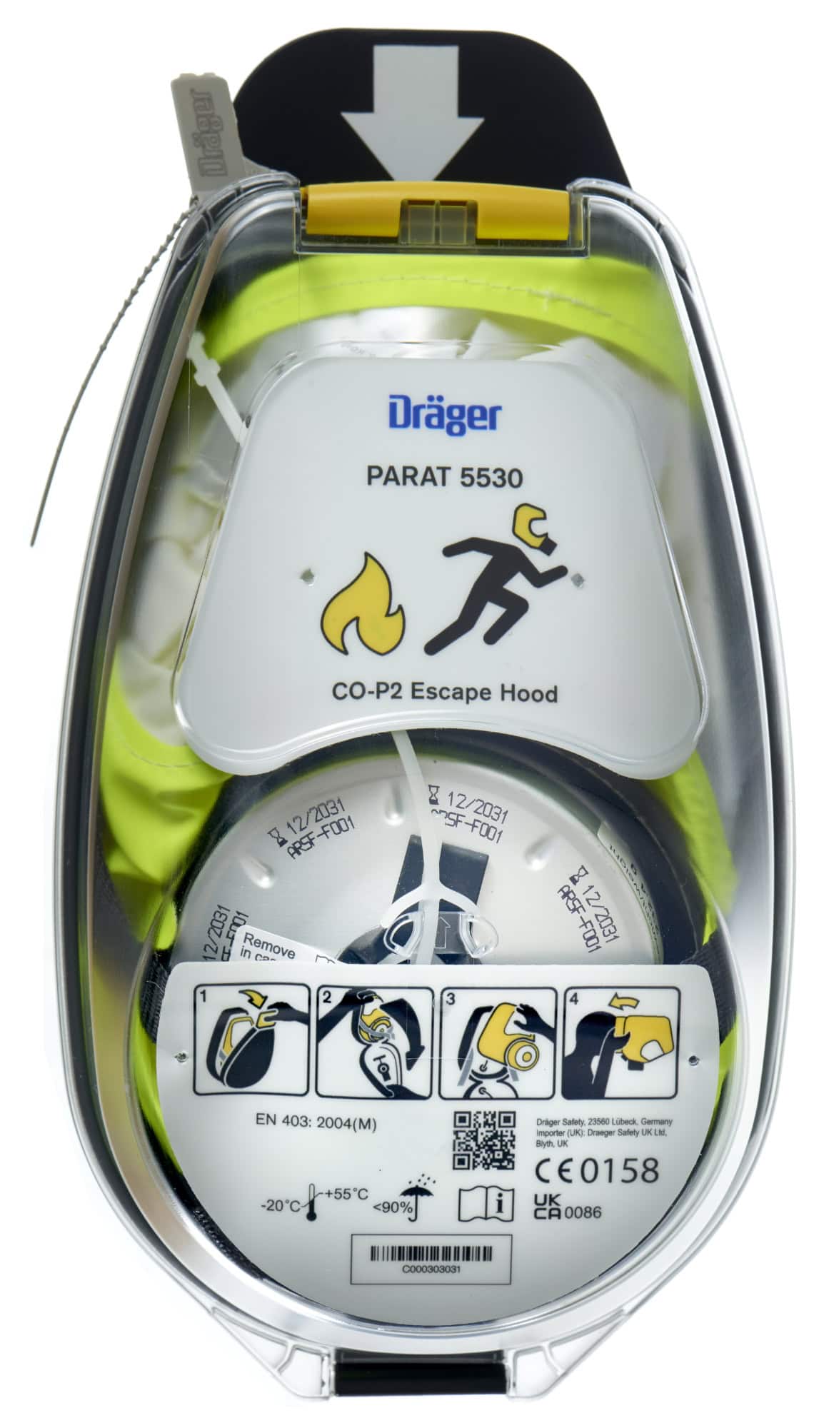 Dräger® PARAT® 5530 Brand Fluchthaube R59435, CO P2 Kombi Filter für mind. 15 Min. Schutz, Hard Case, Universalgröße, Brand Fluchthaube zum Schutz gegen toxische Brandgase, Dämpfe und Partikel