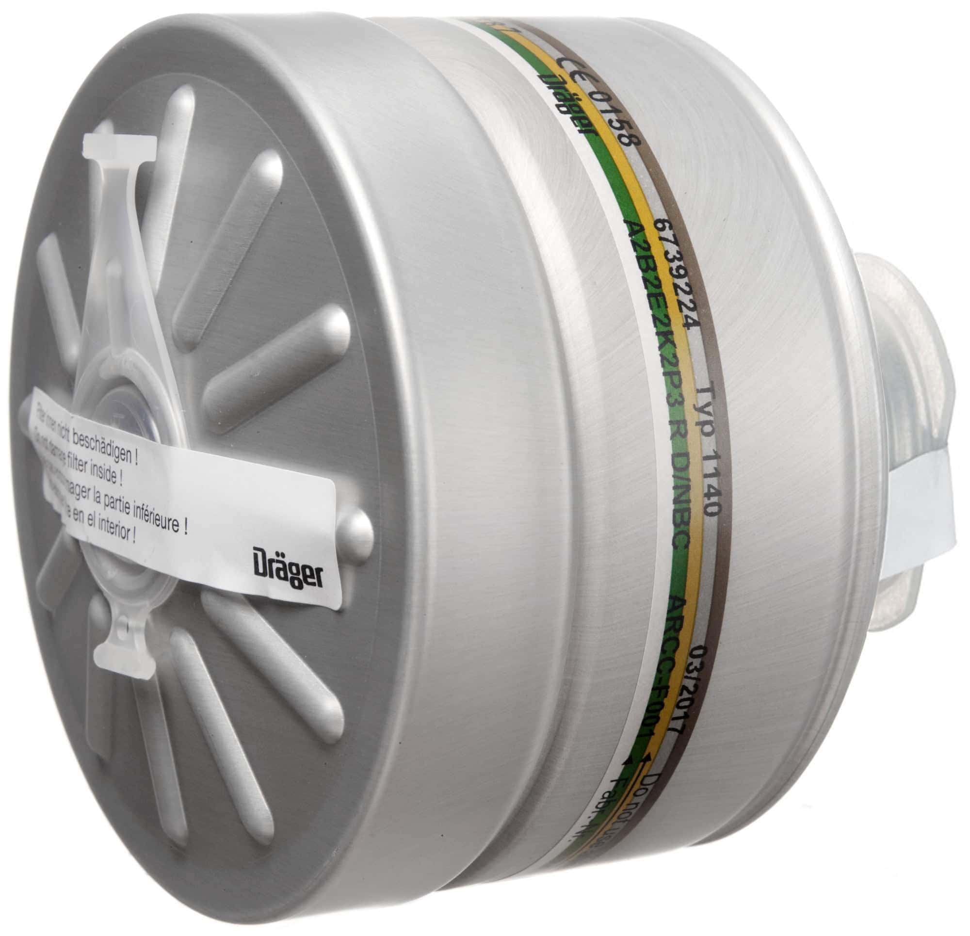 Dräger® X-plore® RD40 Zivilschutz Kombi Filter 1140, 6739224, A2B2E2K2 REAKTOR P3 R D NBC, Silber, 40 mm Rundfilteranschluss [NATO Standard], Kombinationsfilter für den Zivilschutz zum Schutz vor nuklearen, biologischen und chemischen Gefahren + Partikel