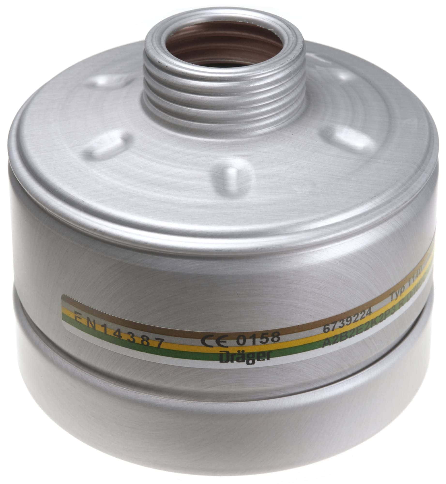 Dräger® X-plore® RD40 Zivilschutz Kombi Filter 1140, 6739224, A2B2E2K2 REAKTOR P3 R D NBC, Silber, 40 mm Rundfilteranschluss [NATO Standard], Kombinationsfilter für den Zivilschutz zum Schutz vor nuklearen, biologischen und chemischen Gefahren + Partikel