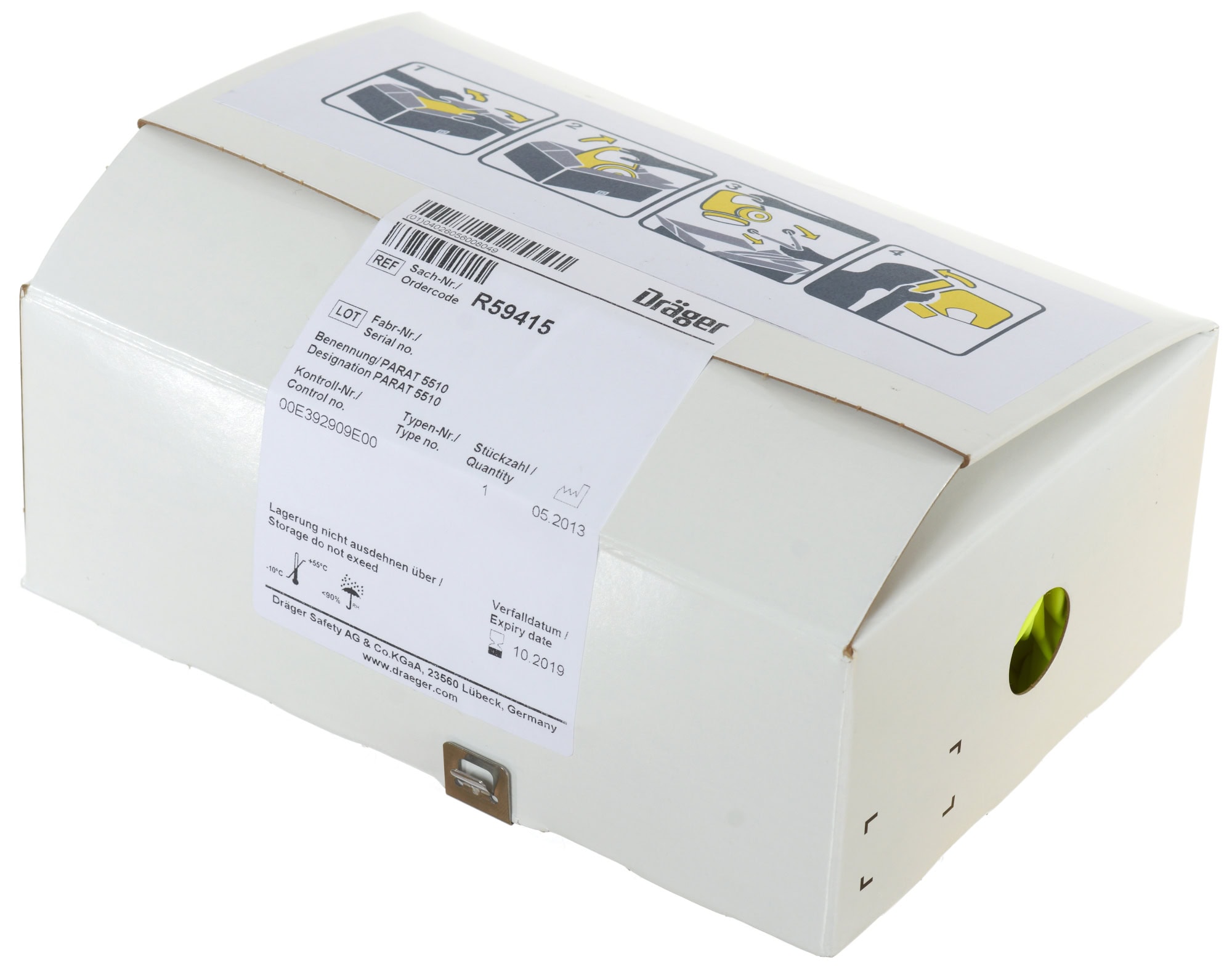 Dräger® PARAT® 5510 Brand Fluchthaube R59415, CO P2 Kombi Filter für mind. 15 Min. Schutz, Single Pack, Universalgröße, Brand Fluchthaube zum Schutz gegen toxische Brandgase, Dämpfe und Partikel