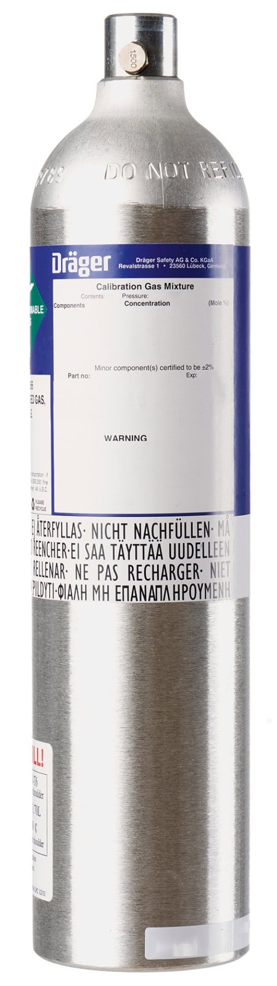 Dräger® Prüfgas 6811352, NH3 / N2 [Ammoniak], 50 ppm, 60 Liter, 35 bar, Eingas Zylinder, Reaktives Gas, Testgaszylinder für Test Stationen für Begasungstests, Funktionskontrolle & Justierung