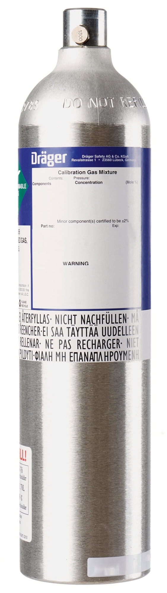 Dräger® Prüfgas 6814049, SO2 / Luft [Schwefeldioxid], 10 ppm, 60 Liter, 35 bar, Eingas Zylinder, Reaktives Gas, Testgaszylinder für Test Stationen für Begasungstests, Funktionskontrolle & Justierung