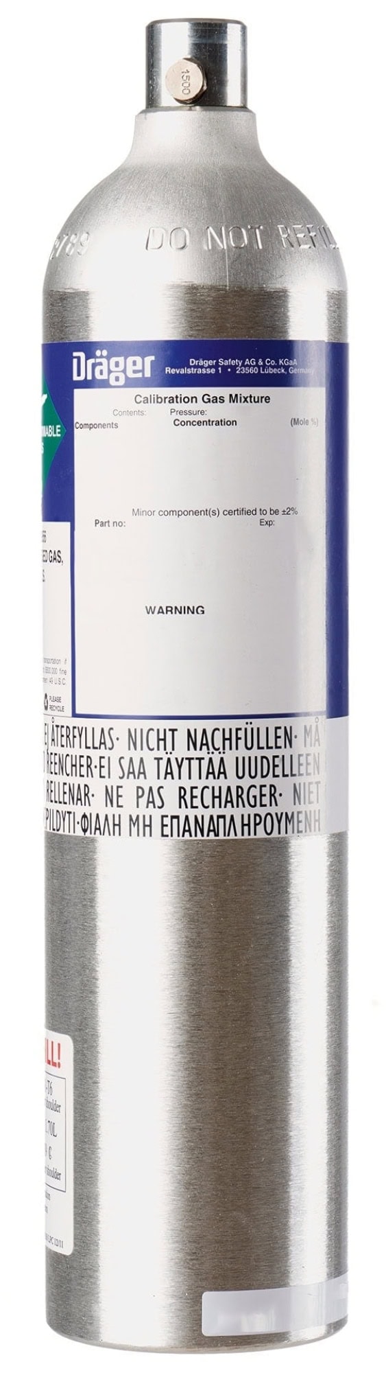 Dräger® Prüfgas 6813238, C3H8 / Luft [Propan], 0,1 Vol.-%, 112 Liter, 69 bar, Eingas Zylinder, Nicht reaktiv Gas, Testgaszylinder für Test Stationen für Begasungstests, Funktionskontrolle & Justierung