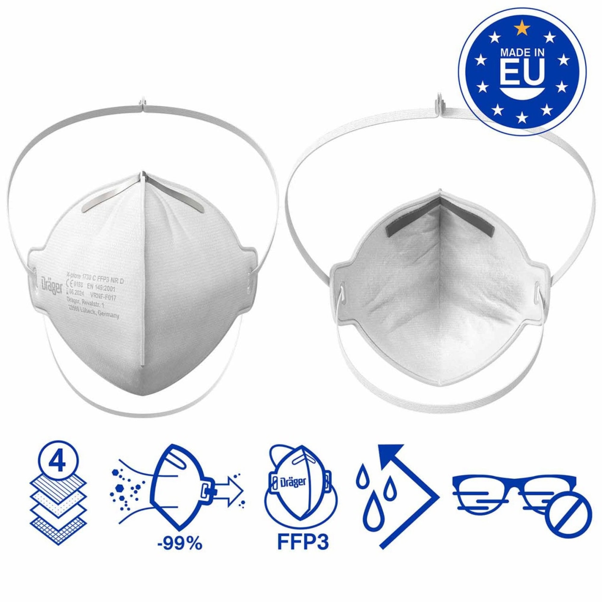 Dräger® X-plore® 1730 FFP3 NR D 3951086, Hygienisch einzelverpackt, Wirksamer Schutz gegen Feinstäube und Partikel bei hohem Tragekomfort
