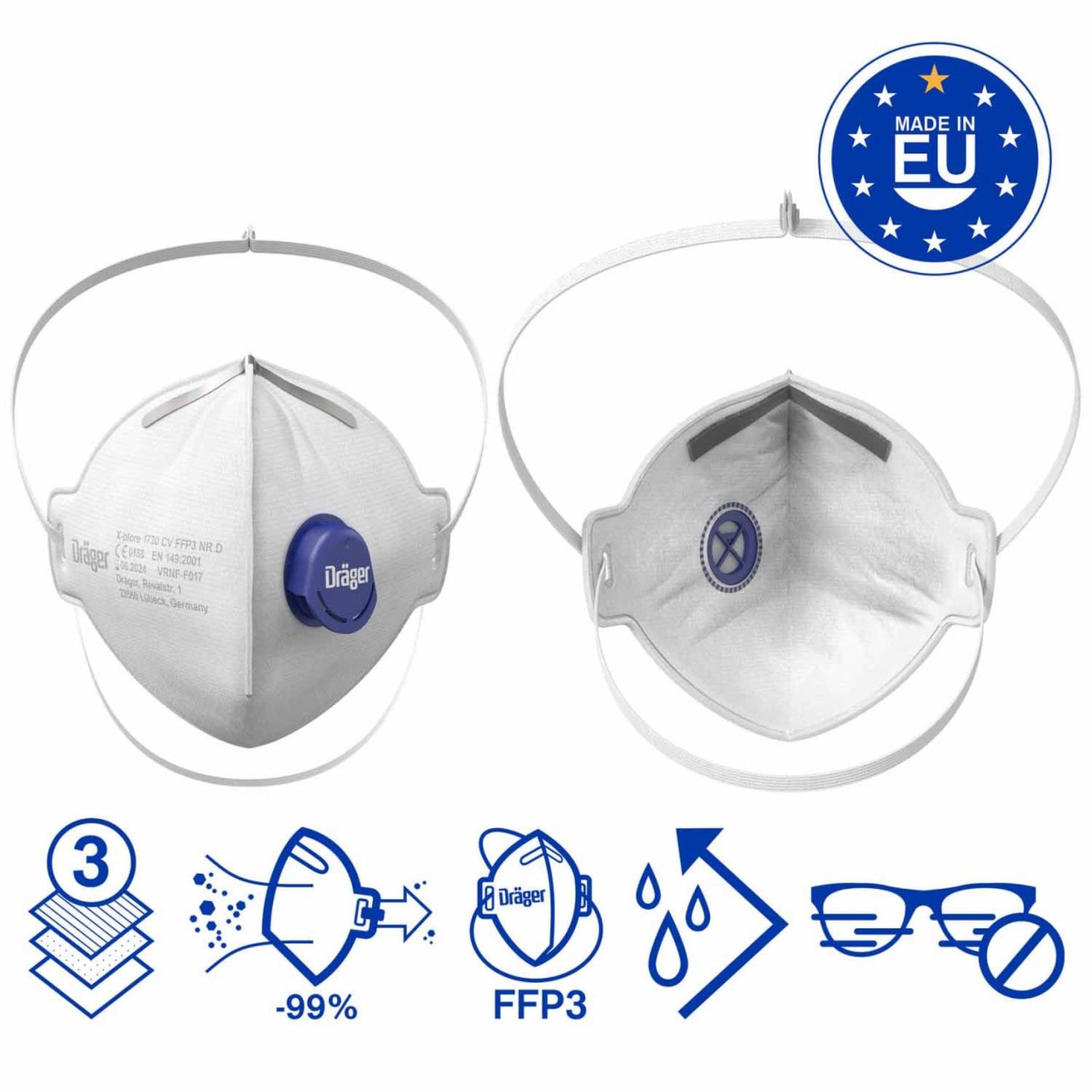Dräger® X-plore® 1730+V FFP3 NR D 3951388, Hygienisch einzelverpackt, Wirksamer Schutz gegen Feinstäube und Partikel bei hohem Tragekomfort