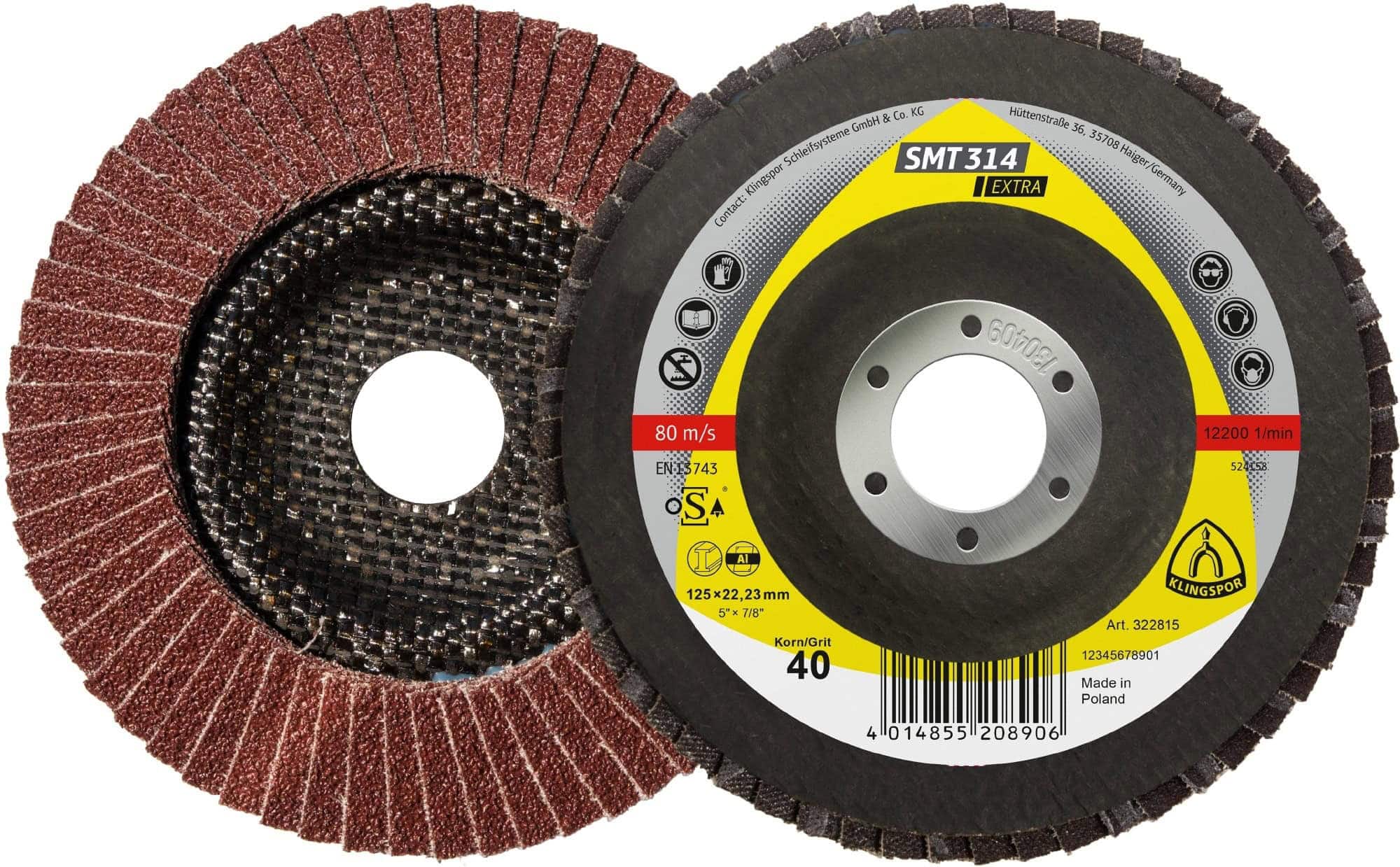 KLINGSPOR SMT 314 EXTRA Schleifmopteller 322818, Ø 125 x 22 mm, P80, A, 12.200 U./Min., Gewölbt, Aluminiumkorn, Für NE-Metalle und Stahl