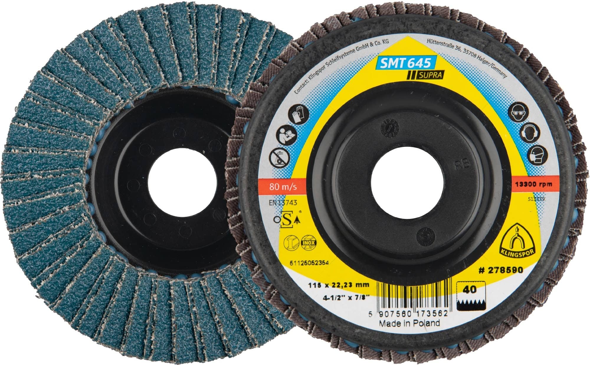 KLINGSPOR SMT 645 Supra Schleifmopteller 278590, Ø 115 x 22 mm, P40, Z, 13.300 U./Min., Gerade, Zirkonkorund, Für Edelstahl und Stahl