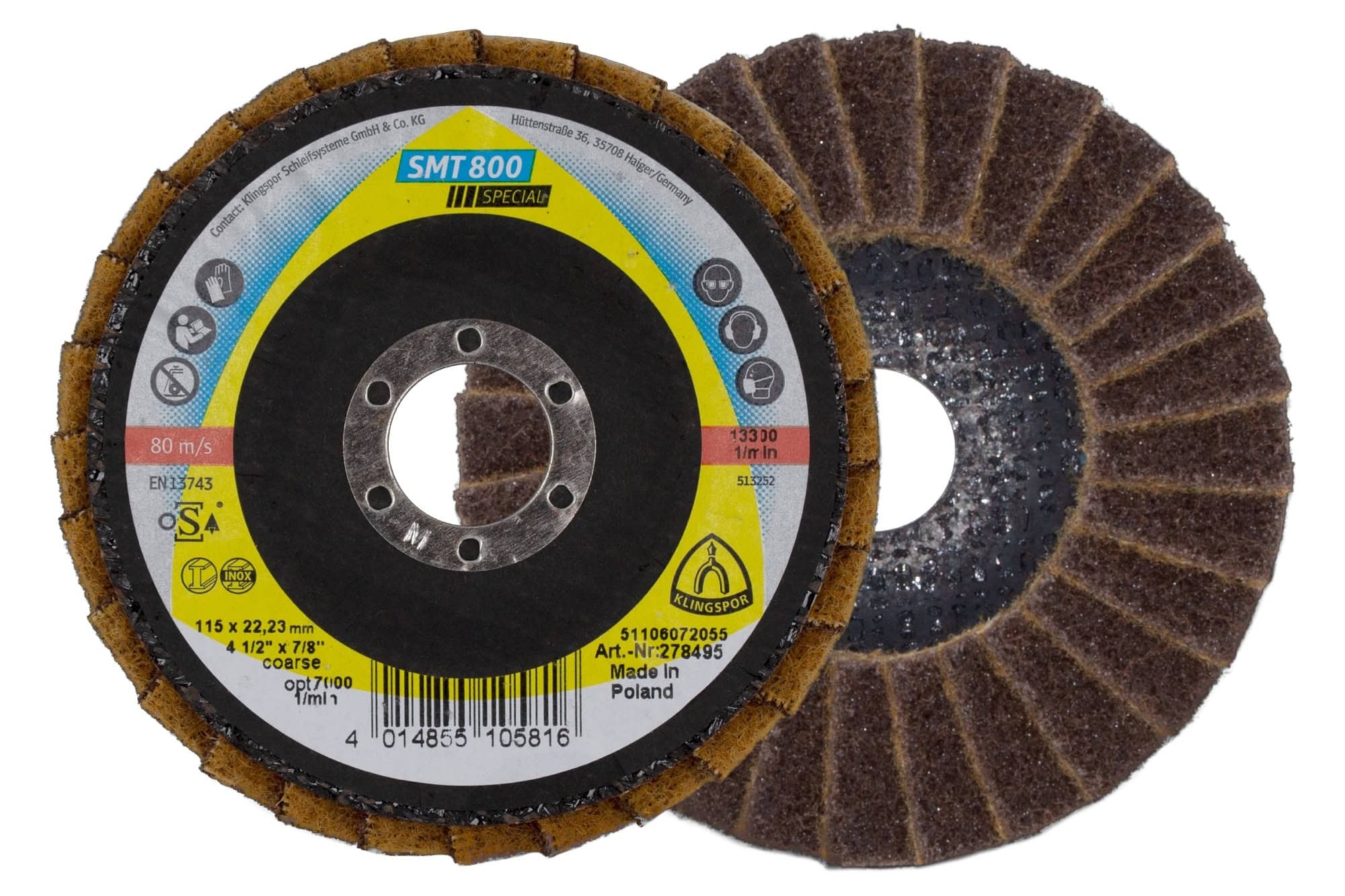 KLINGSPOR SMT 800 Vliesmopteller 278495, Ø 115 x 22 mm, P60, A, Grob, Braun, 13.300 U./Min., Gewölbt, Aluminiumkorn, Für Abtrags- und Finisharbeiten