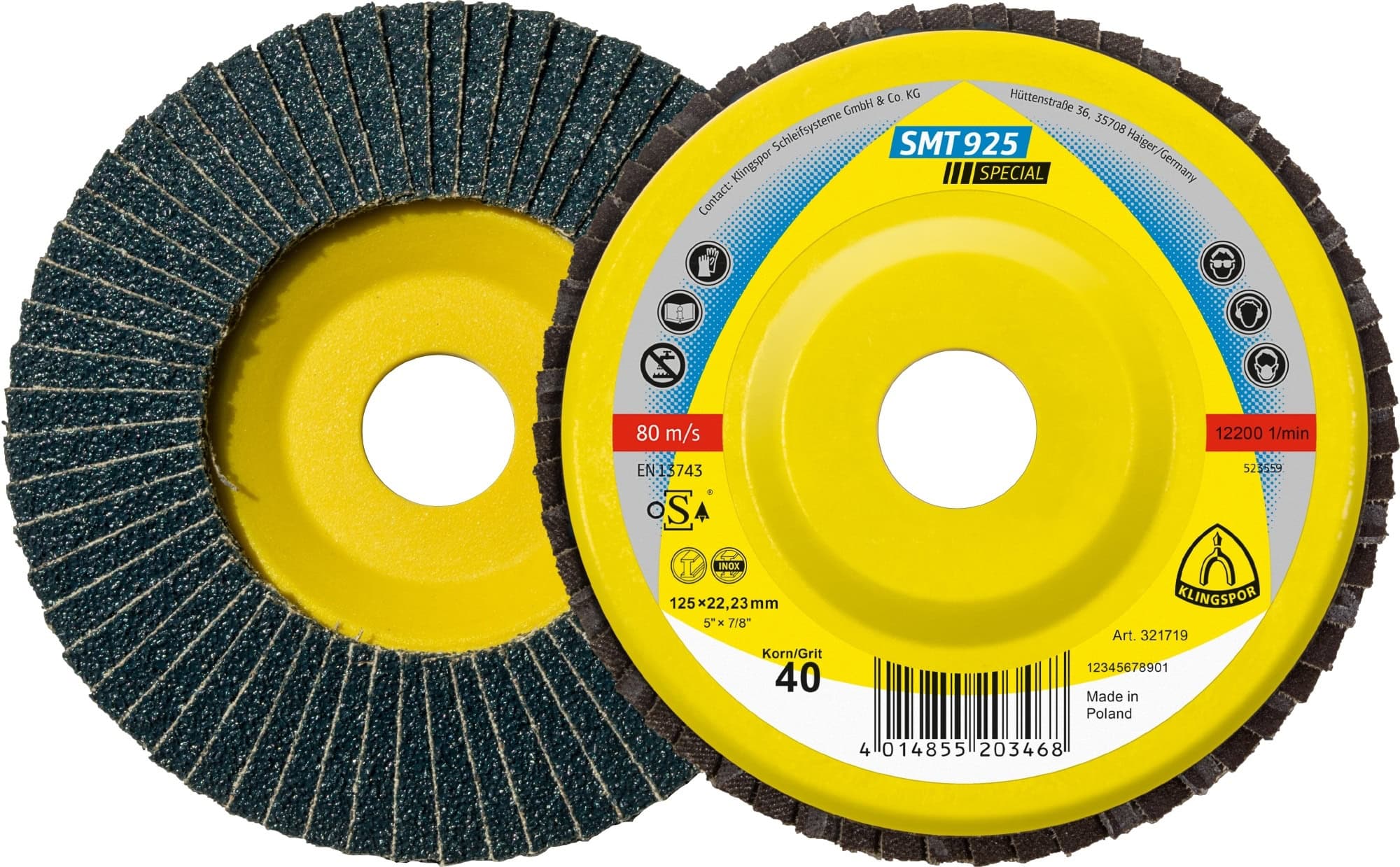 KLINGSPOR SMT 925 Special Schleifmopteller 321668, Ø 115 x 22 mm, P36, Z, 13.300 U./Min., Gerade, Zirkonkorund, Für Edelstahl und Stahl