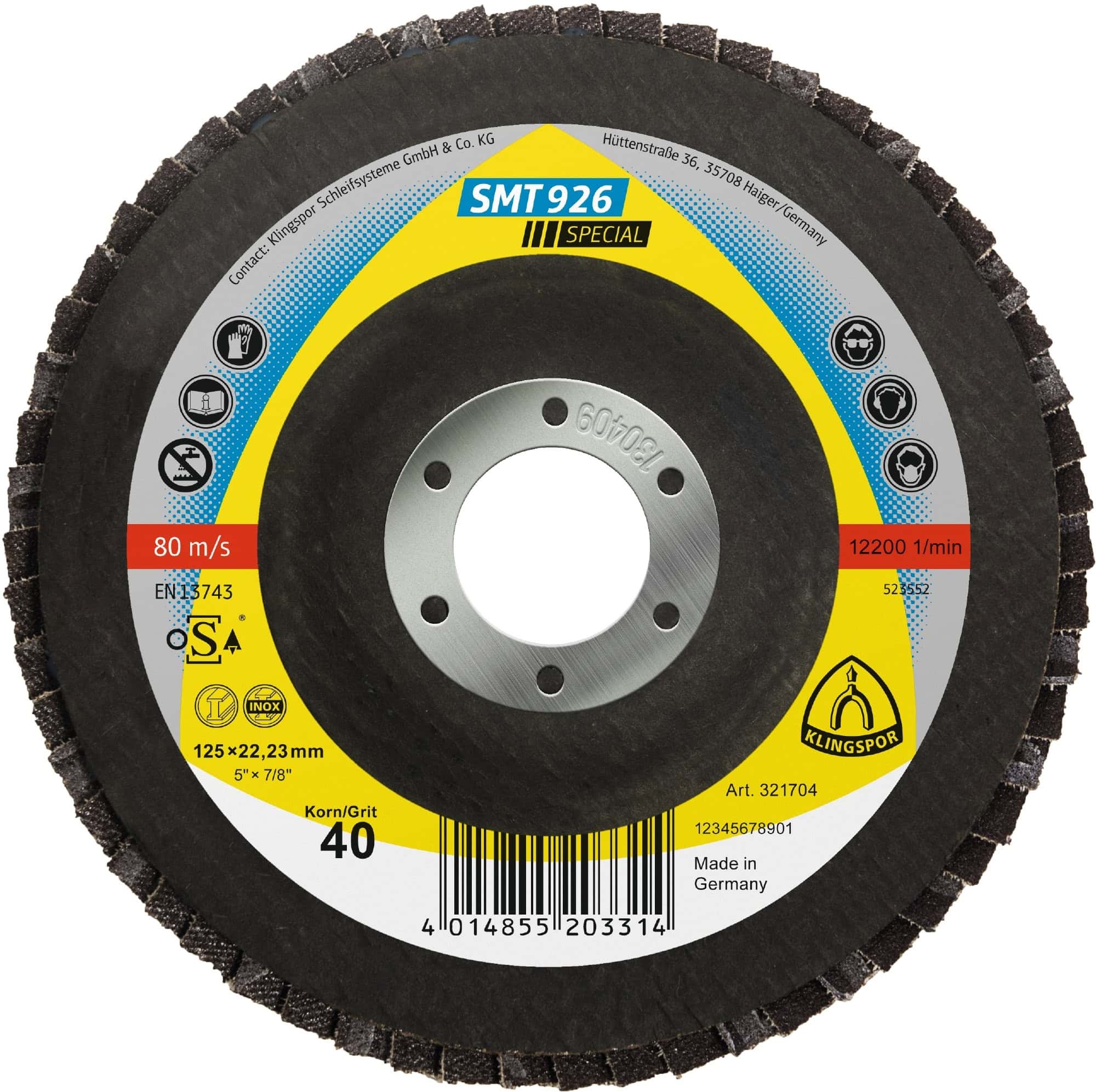 KLINGSPOR SMT 926 Special Schleifmopteller 321703, Ø 115 mm x 22 mm, P40, Z, 13.300 U./Min., Gewölbt, Zirkonkorund, Für Edelstahl und Stahl