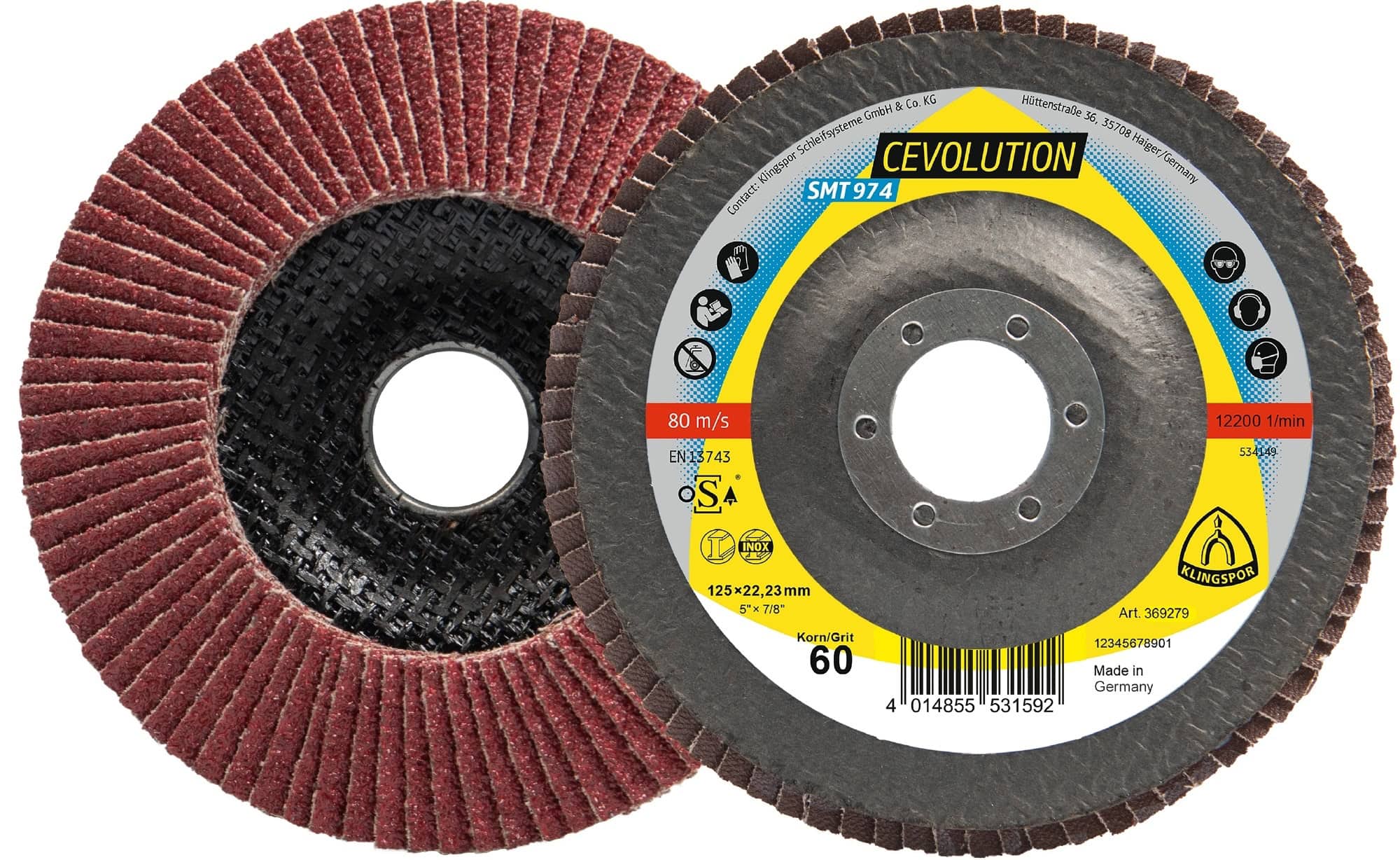 KLINGSPOR SMT 974 Special CEVOLUTION Schleifmopteller 369283, Ø 115 x 22 mm, P40, K, 13.300 U./Min., Gewölbt, Keramikkorn, Für Edelstahl und Stahl