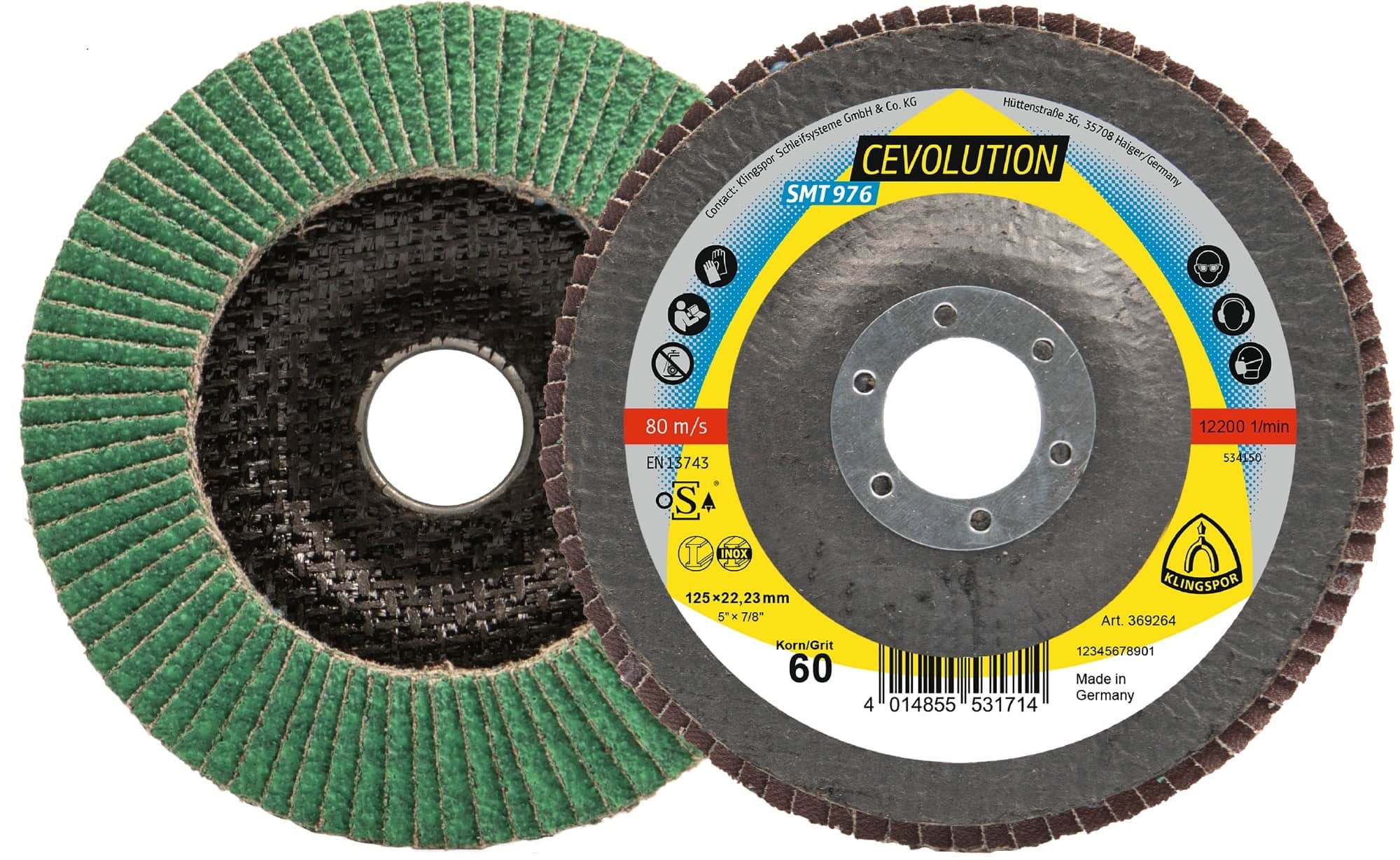 KLINGSPOR SMT 976 Special CEVOLUTION Schleifmopteller 369277, Ø 115 mm x 22 mm, P40, K, 13.300 U./Min., Gewölbt, Keramikkorn mit Multibindung, Für Edelstahl und NE-Metalle