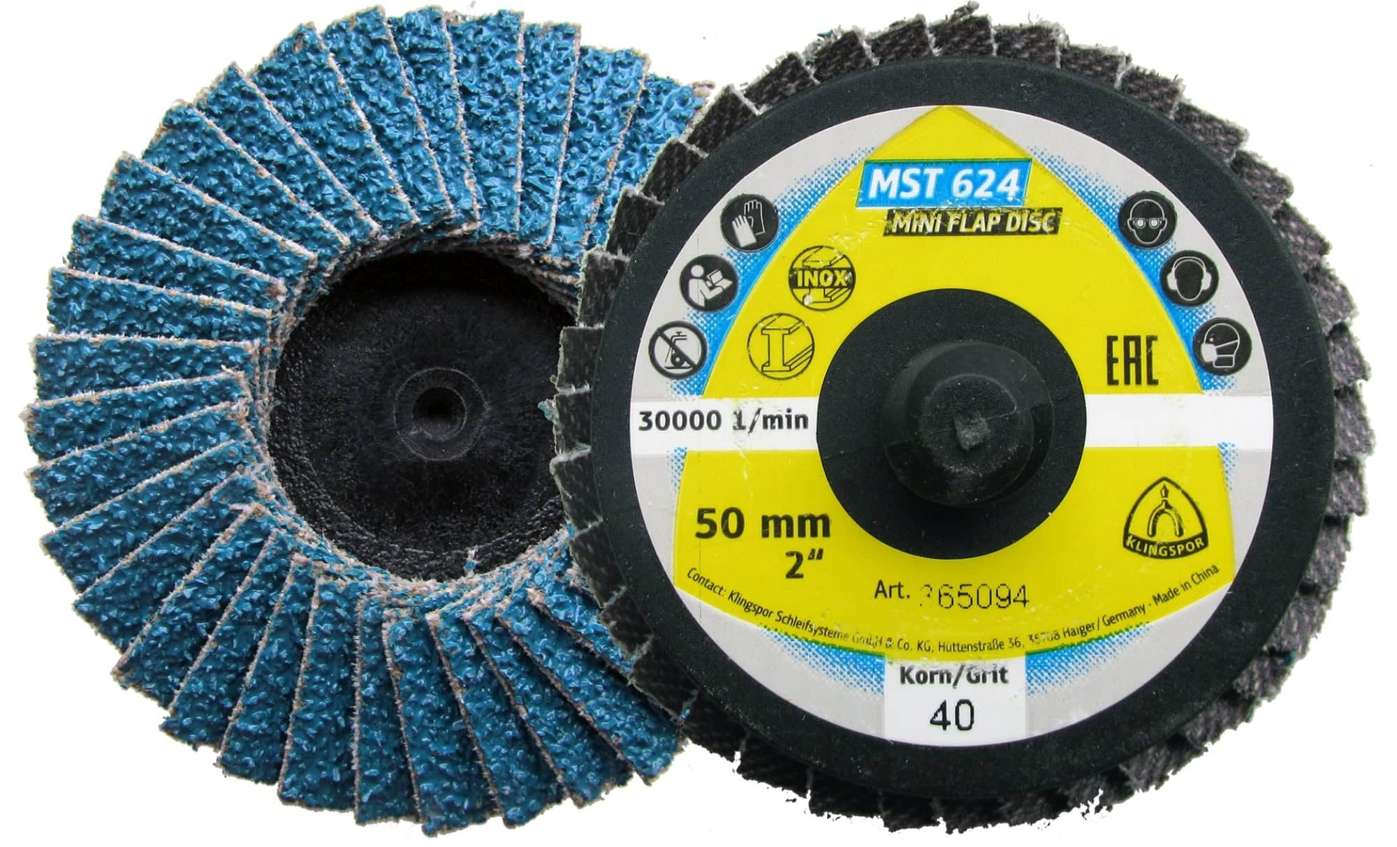 KLINGSPOR MST 624 Supra Mini Schleifmopteller 365147, Ø 50 mm, P60, Z, 30.000 U./Min., Gewölbt, Zirkonkorund, Quick Roll Connect, Für Edelstahl und Stahl