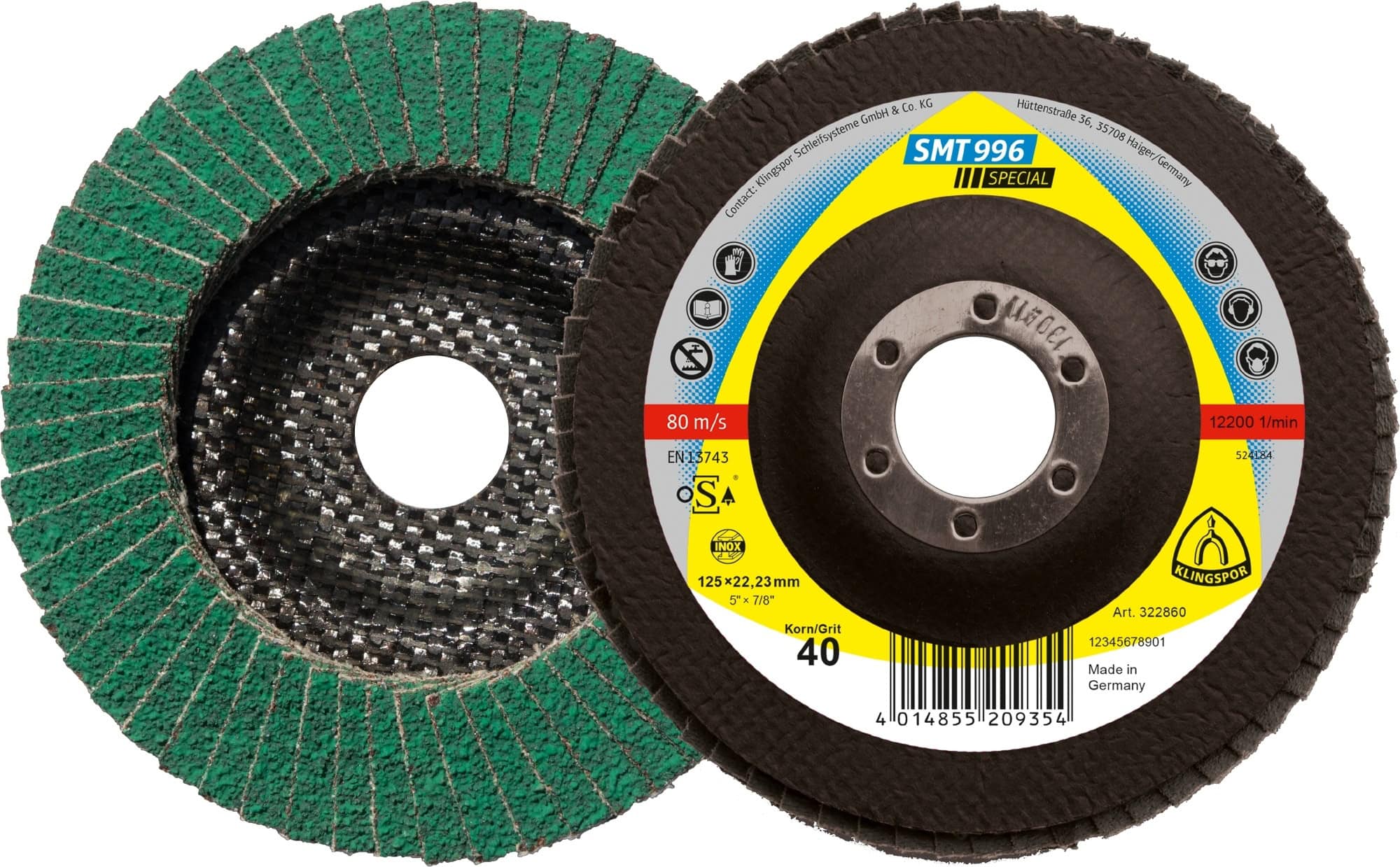 KLINGSPOR SMT 996 Special Schleifmopteller 322849, Ø 115 mm x 22 mm, P40, K, 13.300 U./Min., Gewölbt, Keramikkorn mit Multibindung, Für Edelstahl